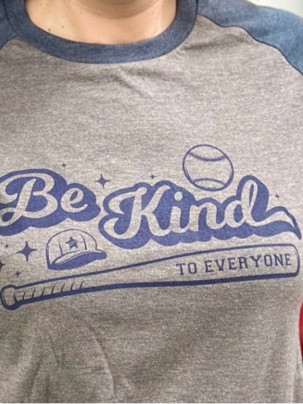 Baseball “Be Kind to Everyone” Raglan Tee w/crew neck & 3/4 sleeves- Gray & Blue